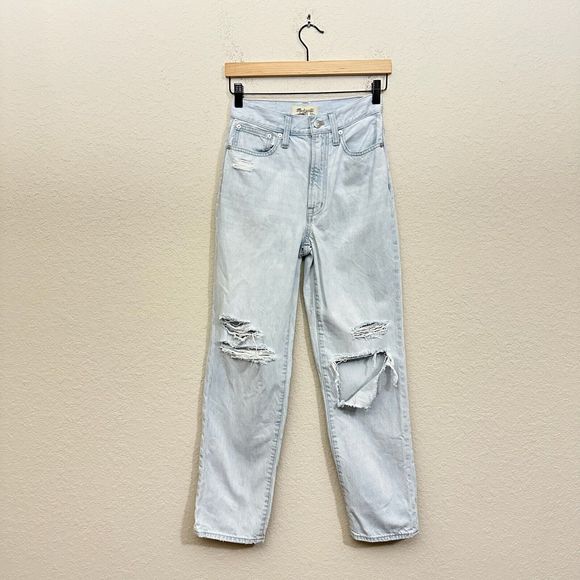 MADEWELL Mid-Rise The Perfect Vintage Straight Jeans Destroyed Blue - Picture 1 of 13